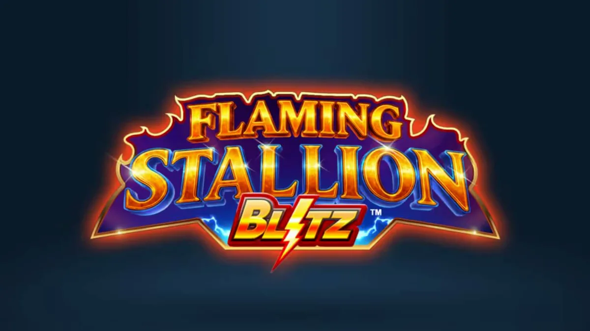 Pemandangan gurun yang membara dengan simbol kuda jantan biru di slot Flaming Stallion Blitz